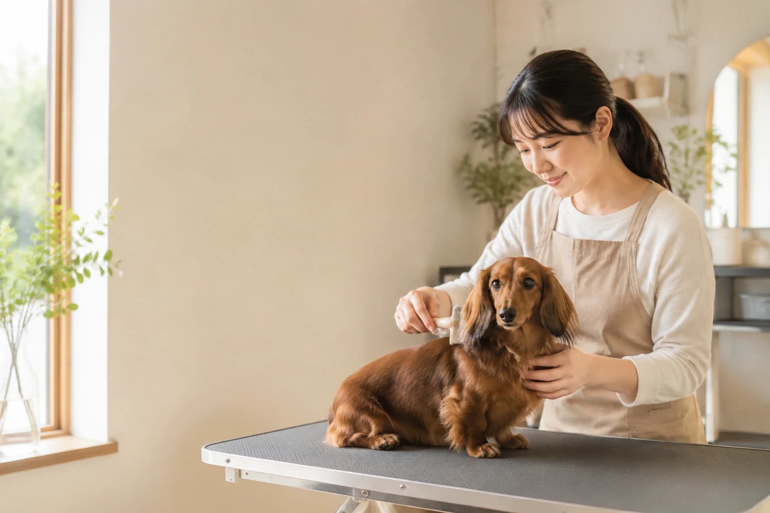 寵物美容師為長毛臘腸犬做美容